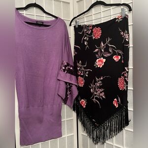 BEBE Purple Asymmetric Square Pailette Tunic Top Dress & Midi Skirt Set NWT